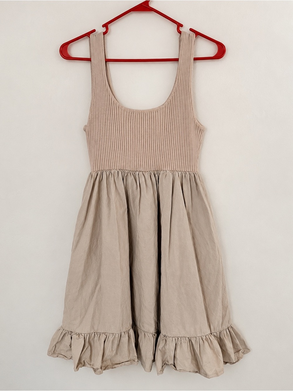 En Saison Beige Ribbed Tank Dress with Ruffle Hem